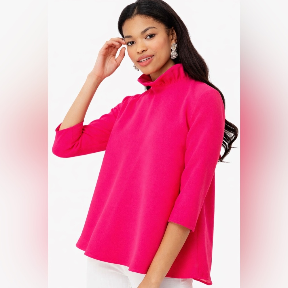 Pomander Place Hot Pink Ruffle Neck Swing Top‎ Back Bow Statement Blouse